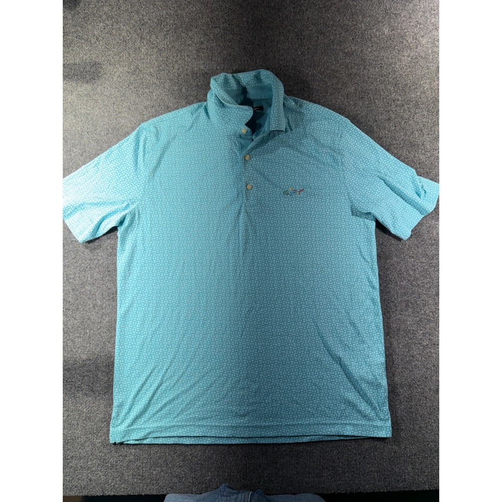 Greg Norman Polo Shirt Mens Large Blue Excellent Geometric Shark Logo Golf